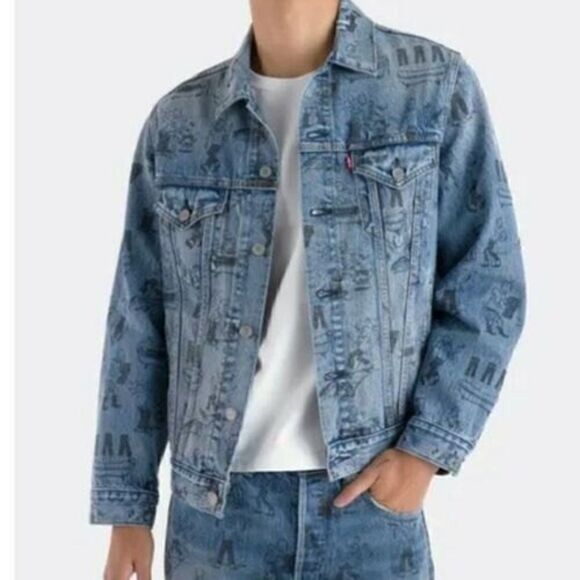 Levi's Limited Edition Rare Shrink to Fit Bathtub Cartoon Denim Trucker Jacket S - Picture 1 of 6